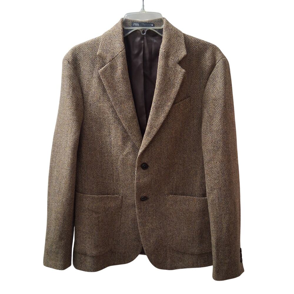 Zara Men Herringbone Tweed 100% Wool Brown Pockets Morder Winter Spring-M